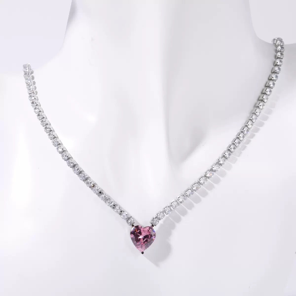 Pink Heart Tennis Necklace in Stainless Steel