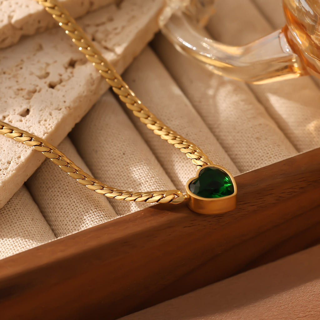 Cuban Chain with Emerald Heart Pendant Necklace