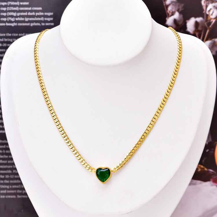 Cuban Chain with Emerald Heart Pendant Necklace