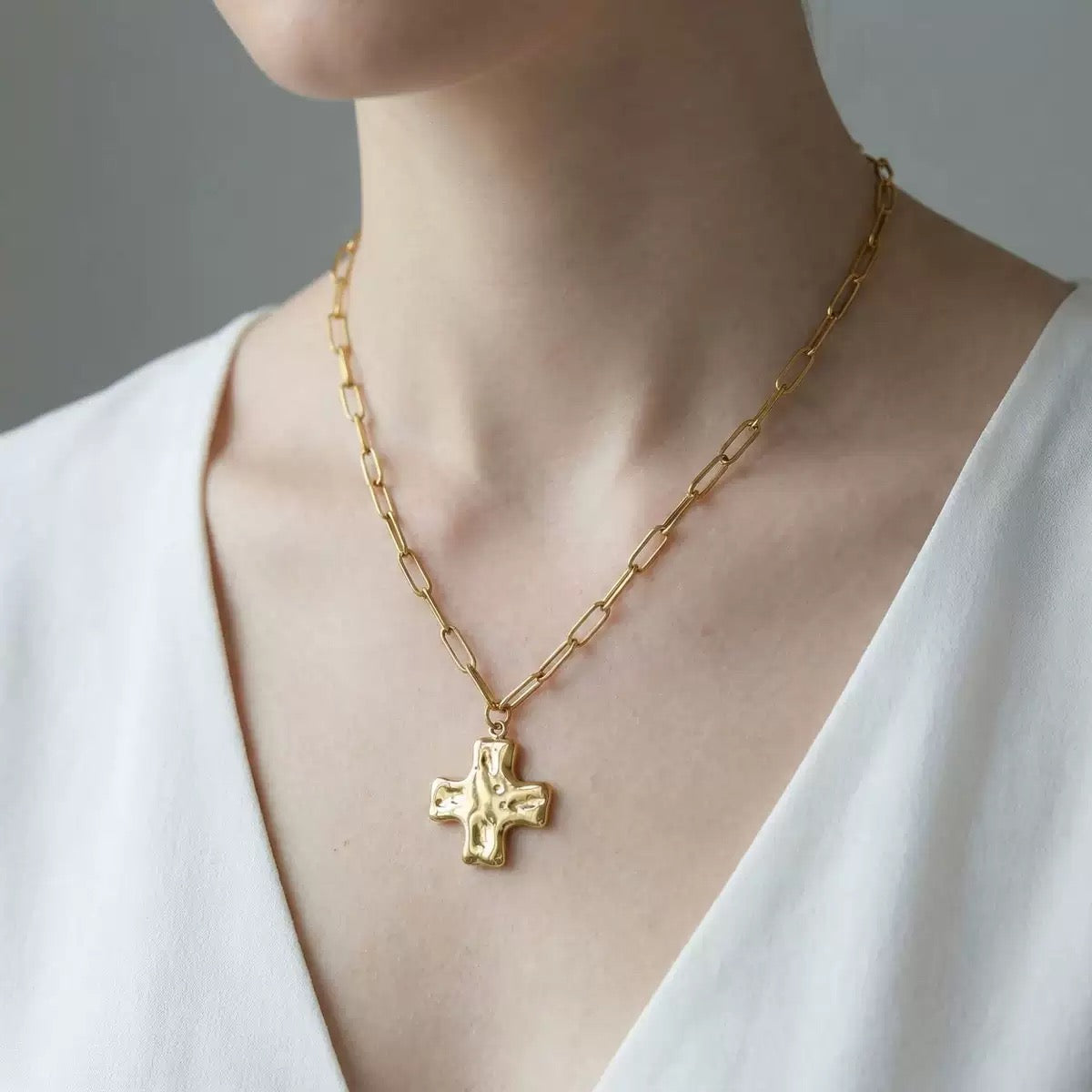 Hammered Cross Pendant Stainless Steel Necklace